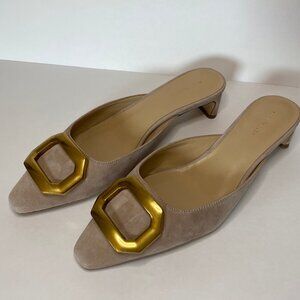 Ann Taylor Beige Suede Mules with Gold Buckle